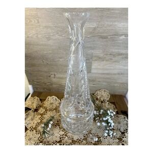 Vintage Bohemia Czech Lead Crystal Vase Tall 14.75" Rose Cut Floral Heavy